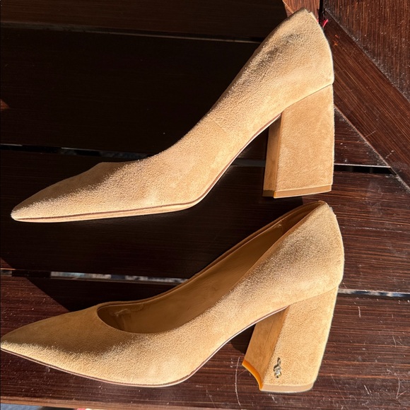 Sam Edelman Tatiana Oatmeal Suede Block Heels SE Signature Logo Block Heels Sz 9 - Picture 10 of 16
